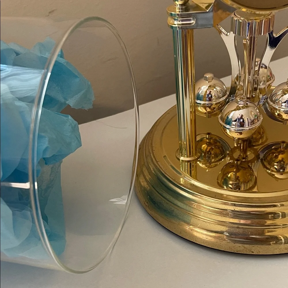 Vtg MCM Rolfe Roberts German Anniversary Clock, Rotating Pendulum,Gold Tone